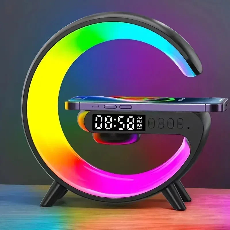 Multifunction Wireless Charger Stand – RGB Clock & Speaker with Fast Charging