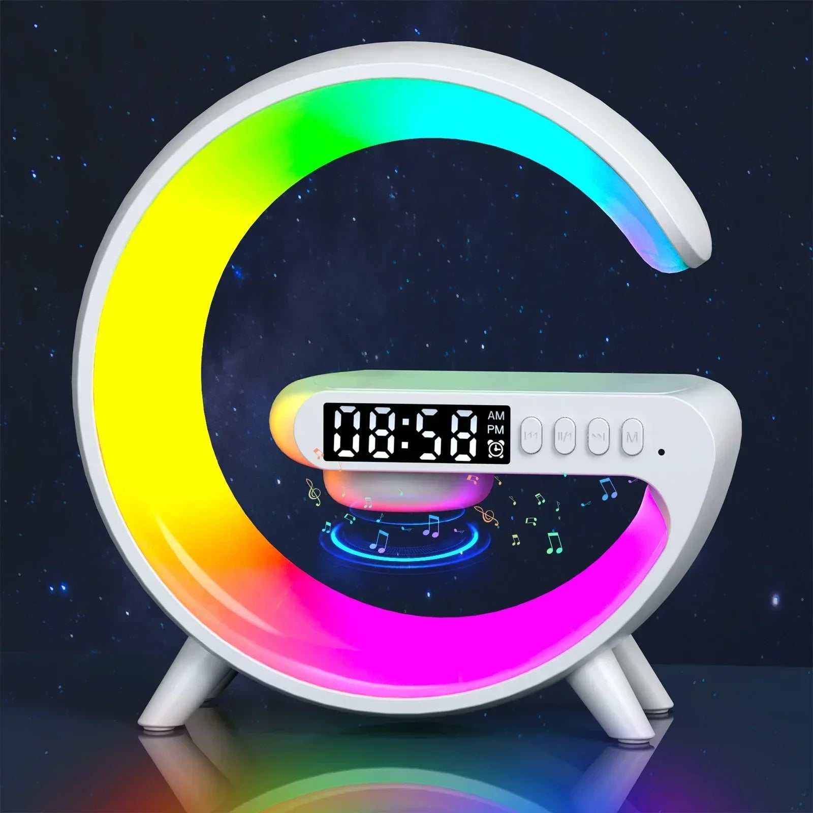 Multifunction Wireless Charger Stand – RGB Clock & Speaker with Fast Charging