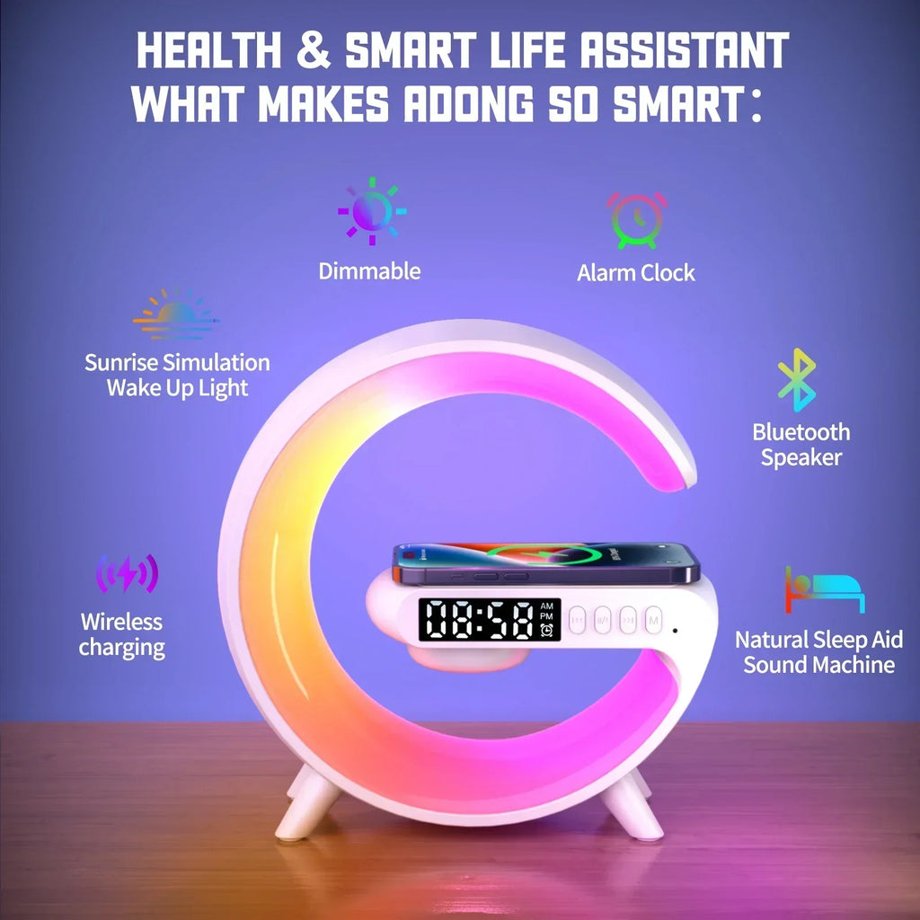 Multifunction Wireless Charger Stand – RGB Clock & Speaker with Fast Charging