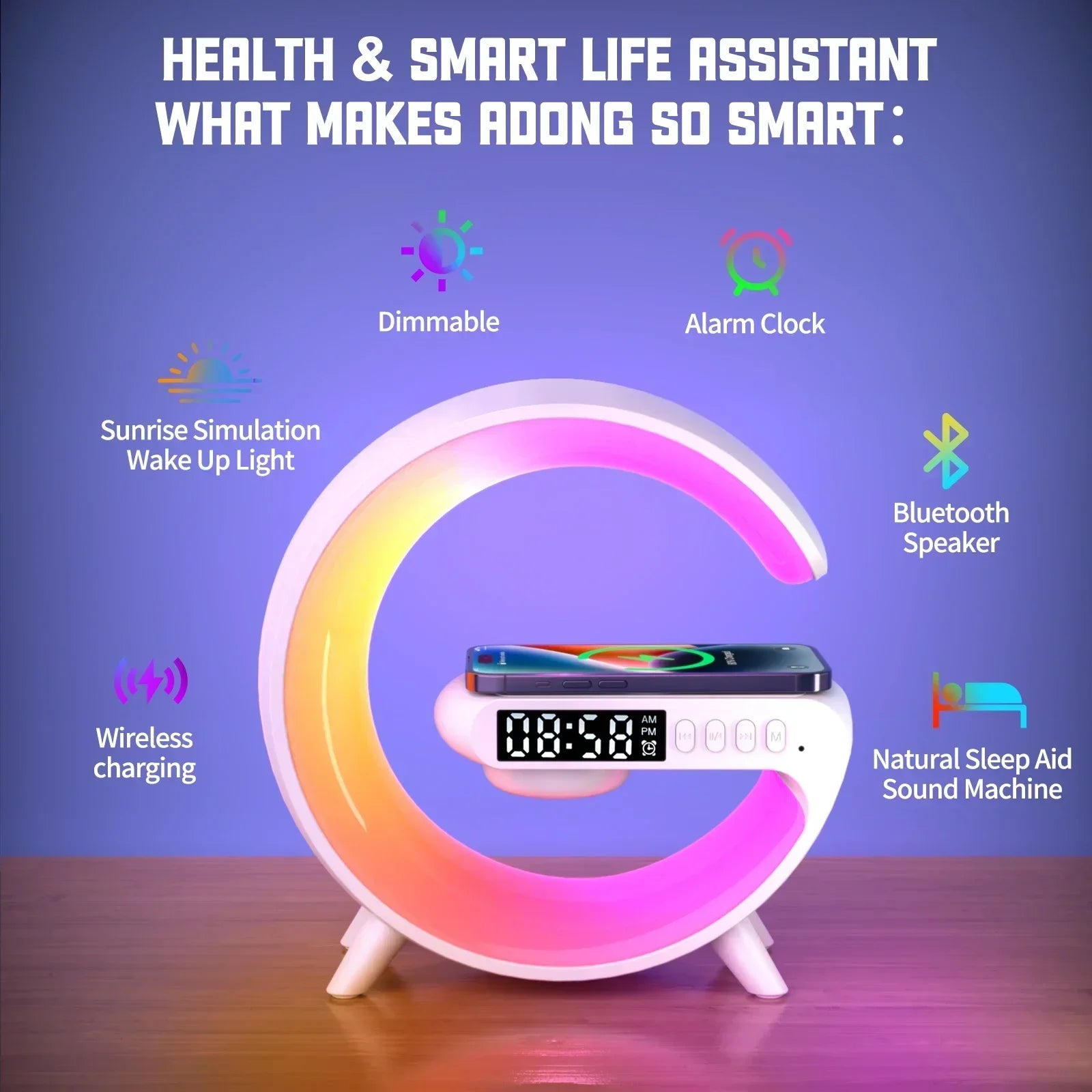 Multifunction Wireless Charger Stand – RGB Clock & Speaker with Fast Charging