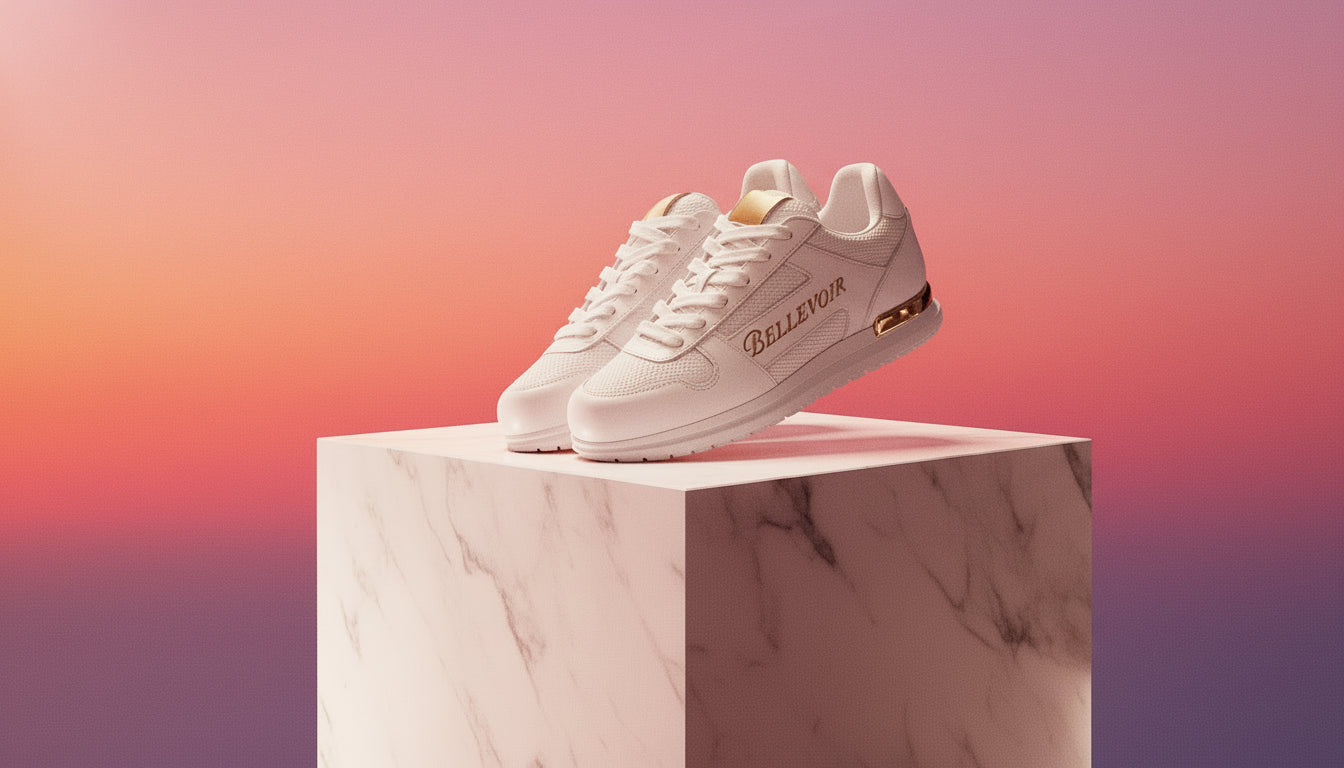 White sneakers with gold accents on a rock against a blue sky
